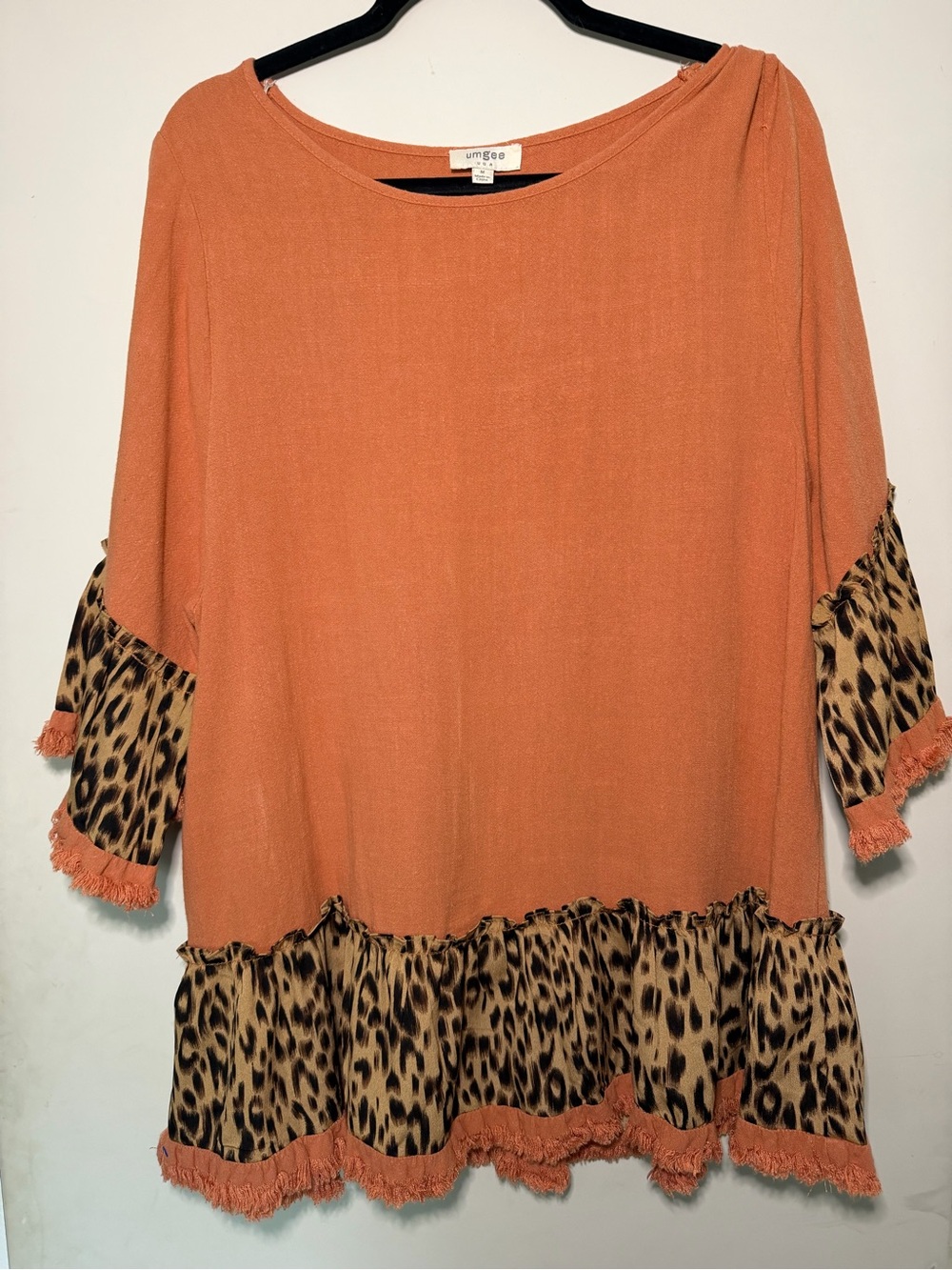 Umgee Terracotta Tunic with Leopard Ruffle Trim